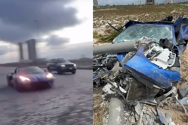 Two Sports Cars Drag Racing At The Eko Atlantic Crashes After Another Car Drove Into Their Path (Video) - autojosh