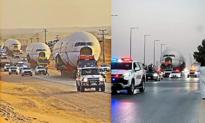 Dozens Of Saudi Police Cars Escort Trucks Carrying Three Retired Aircrafts From Jeddah To Riyadh - autojosh