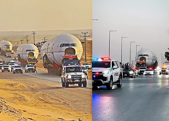 Dozens Of Saudi Police Cars Escort Trucks Carrying Three Retired Aircrafts From Jeddah To Riyadh - autojosh