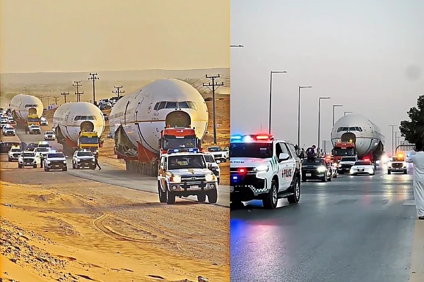 Dozens Of Saudi Police Cars Escort Trucks Carrying Three Retired Aircrafts From Jeddah To Riyadh - autojosh