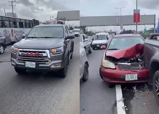 Toyota Corolla Badly Damaged After Rear-ending A JAC Pickup In Lagos (PHOTOS)  - autojosh