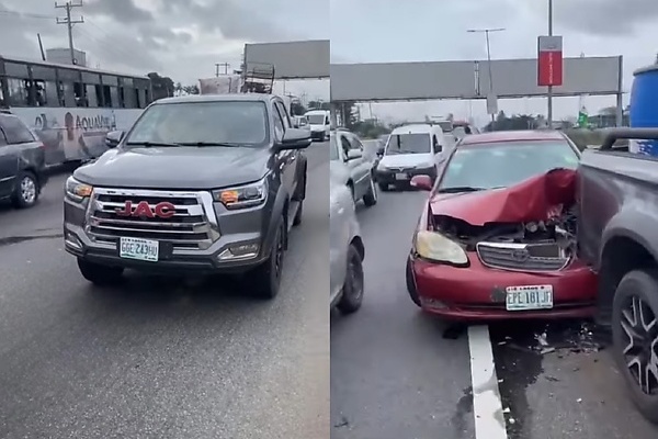 Toyota Corolla Badly Damaged After Rear-ending A JAC Pickup In Lagos (PHOTOS)  - autojosh