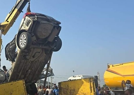 Driver Miraculously Rescued Alive As 40ft Container Falls On Toyota Camry At Mile 2 - autojosh