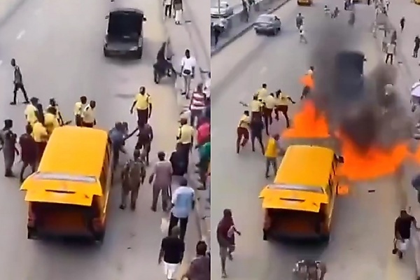 Lagos Commercial Bus Driver Resisting Arrest Sets Himself, LASTMA Officers And His Bus Ablaze - autojosh