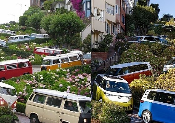 VW Use Electric ID. Buzz To Recreate Iconic Photo Of Transporters On The Curvy Lombard Street - autojosh