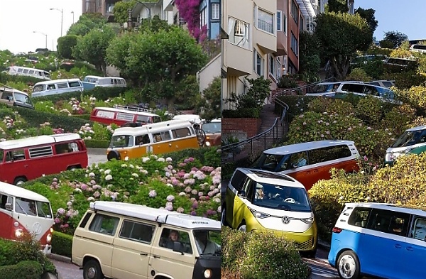 VW Use Electric ID. Buzz To Recreate Iconic Photo Of Transporters On The Curvy Lombard Street - autojosh