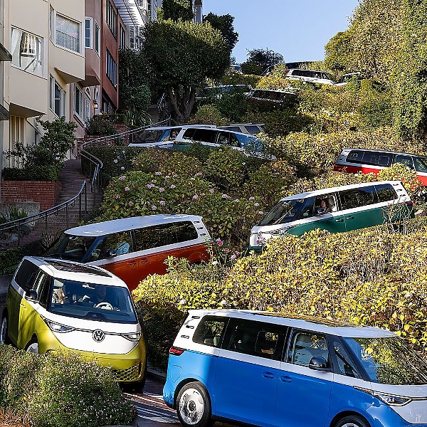 VW Use Electric ID. Buzz To Recreate Iconic Photo Of Transporters On The Curvy Lombard Street - autojosh