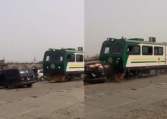 Moment A Moving Train Crashed Into Stuck Rice-Laden Toyota Sienna In Lagos - autojosh