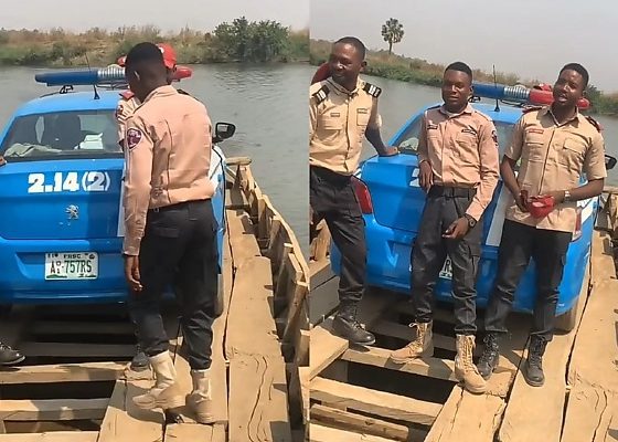 Dangerous Cruise : Watch As FRSC Personnel Ferry Their Patrol Car Across A River - autojosh