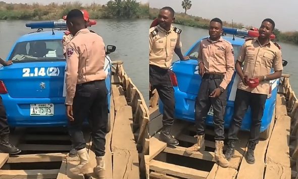 Dangerous Cruise : Watch As FRSC Personnel Ferry Their Patrol Car Across A River - autojosh