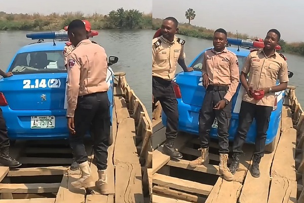 Dangerous Cruise : Watch As FRSC Personnel Ferry Their Patrol Car Across A River - autojosh