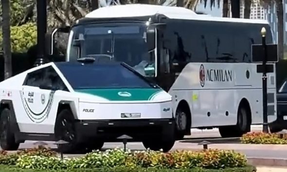 AC Milan Team Bus Escorted By Dubai Police Tesla Cybertruck And G63-based ‘Mansory P720’ - autojosh