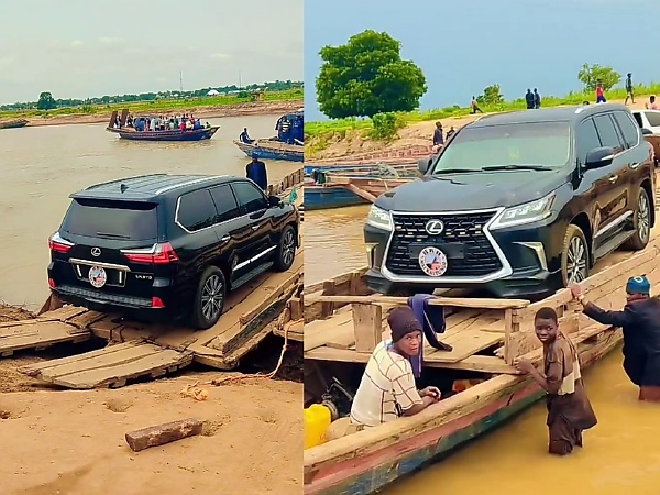 Watch : Canoe Seen Transporting Vehicles In The Convoy Of Nigeria’s First Class Chief Across A River - autojosh 