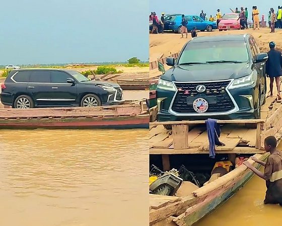 Watch : Canoe Seen Transporting Vehicles In The Convoy Of Nigeria’s First Class Chief Across A River - autojosh