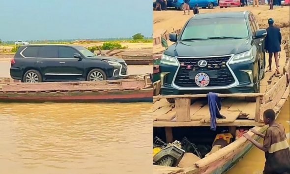 Watch : Canoe Seen Transporting Vehicles In The Convoy Of Nigeria’s First Class Chief Across A River - autojosh