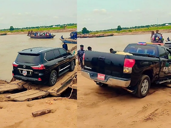 Watch : Canoe Seen Transporting Vehicles In The Convoy Of Nigeria’s First Class Chief Across A River - autojosh 