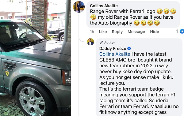Daddy Freeze Fires Back At Troll Who Poke Fun At His Range Rover Sport Bearing A Ferrari Emblem - autojosh 