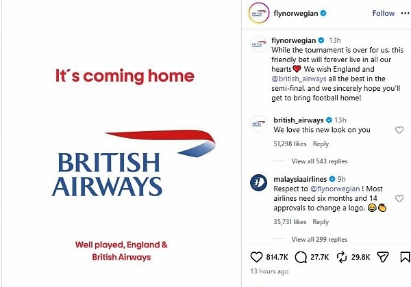 Norwegian Air Honors World Cup Bet, Changes Instagram Logo To British Airways’ After England’s Victory - autojosh 