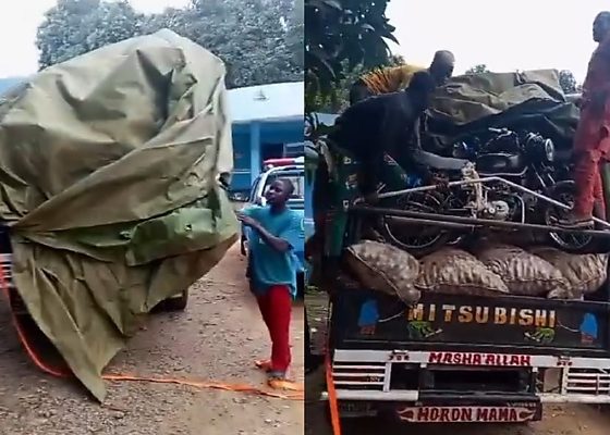 Abuja: FRSC Busted Overloaded Truck Hiding 15 Passengers And 8 Motorcycles Under Tarpaulin - autojosh