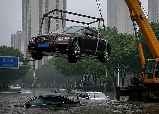 Ultimate Move: Quick-Thinking Chinese Motorist Hoists ₦760M Bentley With Crane To Escape Flooding - autojosh