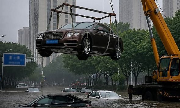 Ultimate Move: Quick-Thinking Chinese Motorist Hoists ₦760M Bentley With Crane To Escape Flooding - autojosh
