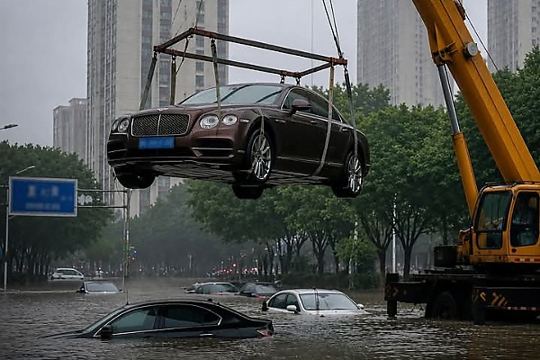 Ultimate Move: Quick-Thinking Chinese Motorist Hoists ₦760M Bentley With Crane To Escape Flooding - autojosh