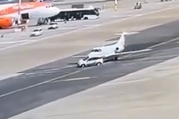 Moment Fiat Panda Drives Onto Runway And Crashes Into Private Jet Taxiing At Milan Airport - autojosh 