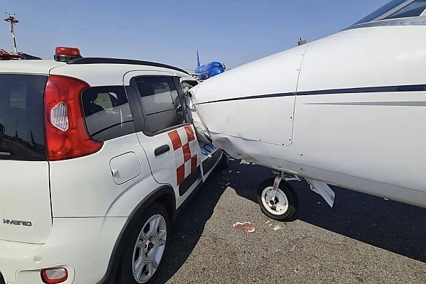 Moment Fiat Panda Drives Onto Runway And Crashes Into Private Jet Taxiing At Milan Airport - autojosh 