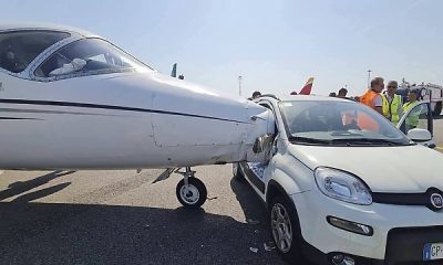 Moment Fiat Panda Drives Onto Runway And Crashes Into Private Jet Taxiing At Milan Airport - autojosh