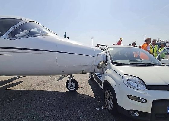 Moment Fiat Panda Drives Onto Runway And Crashes Into Private Jet Taxiing At Milan Airport - autojosh