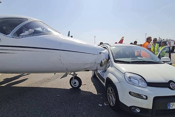 Moment Fiat Panda Drives Onto Runway And Crashes Into Private Jet Taxiing At Milan Airport - autojosh