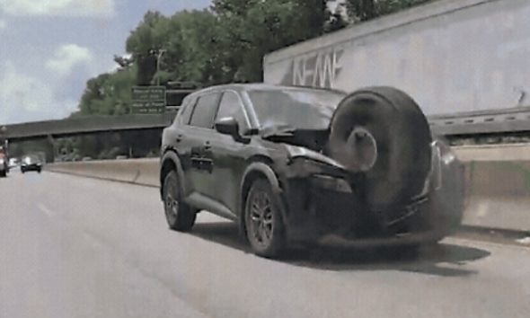 Runaway Tyre Crushes Nissan Rogue’s Front End In Shocking Highway Smash - autojosh