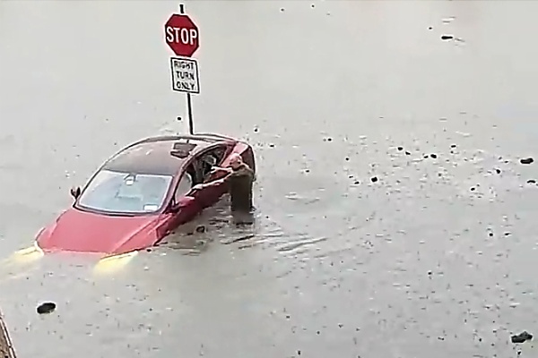 It’s Not China’s Floating Cars: Moment Raging Floodwater Sweeps Tesla Away In Connecticut