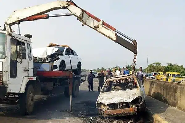LASEMA: Mercedes-Benz GLE Crashes Into Fire Truck Deployed To Contain CNG Vehicle Fire At Obadore Bridge