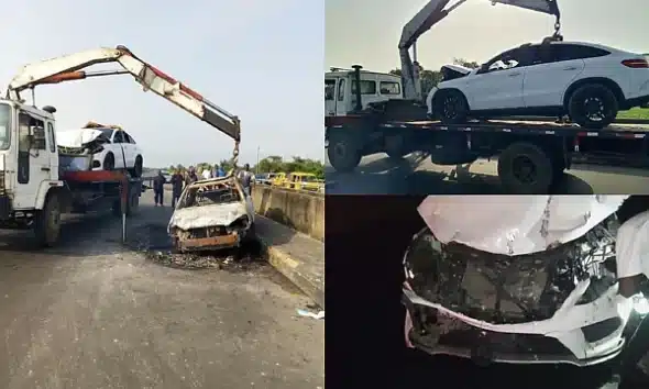 LASEMA: Mercedes-Benz GLE Crashes Into Fire Truck Deployed To Contain CNG Vehicle Fire At Obadore Bridge