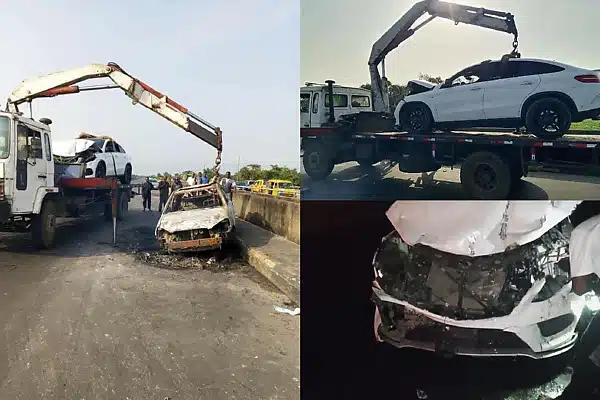 LASEMA: Mercedes-Benz GLE Crashes Into Fire Truck Deployed To Contain CNG Vehicle Fire At Obadore Bridge